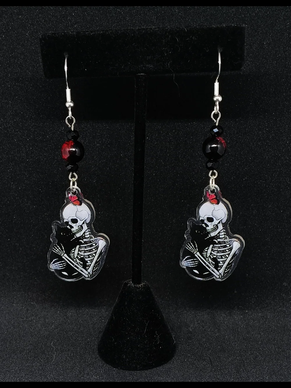 Skeleton & Cat Dangle Earrings - Red and Black